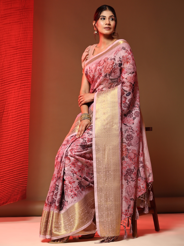 Pink & Gold-Toned Floral Zari Khandua Silk Saree