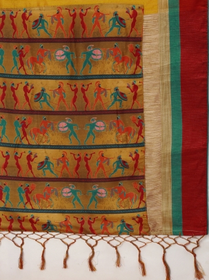 Mustard & Red Printed Ethnic Motifs Saree