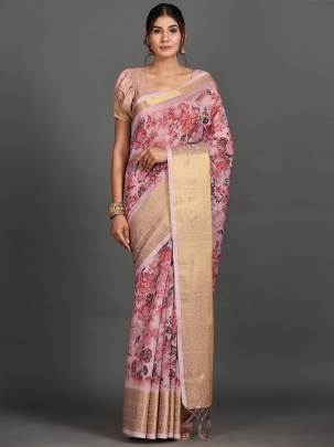 Pink & Gold-Toned Floral Zari Khandua Silk Saree