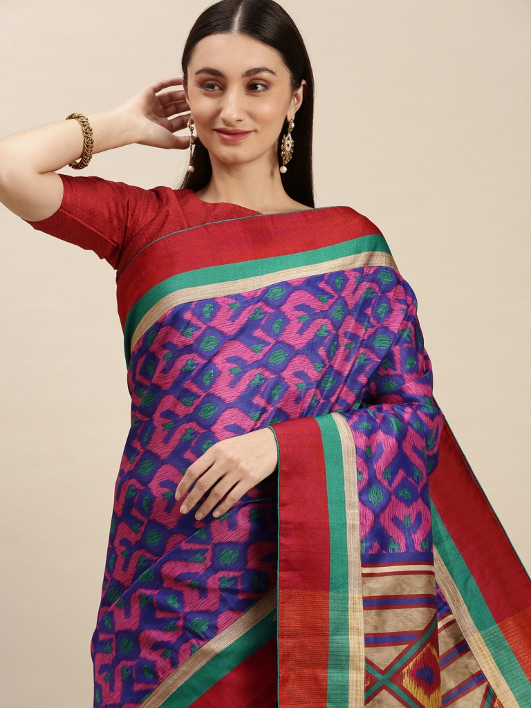 Navy Blue & Pink Abstract Printed Saree