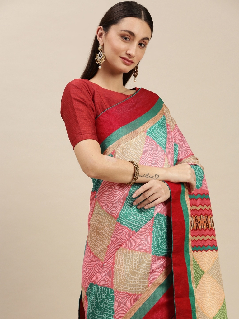 Pink & Green Bandhani Saree