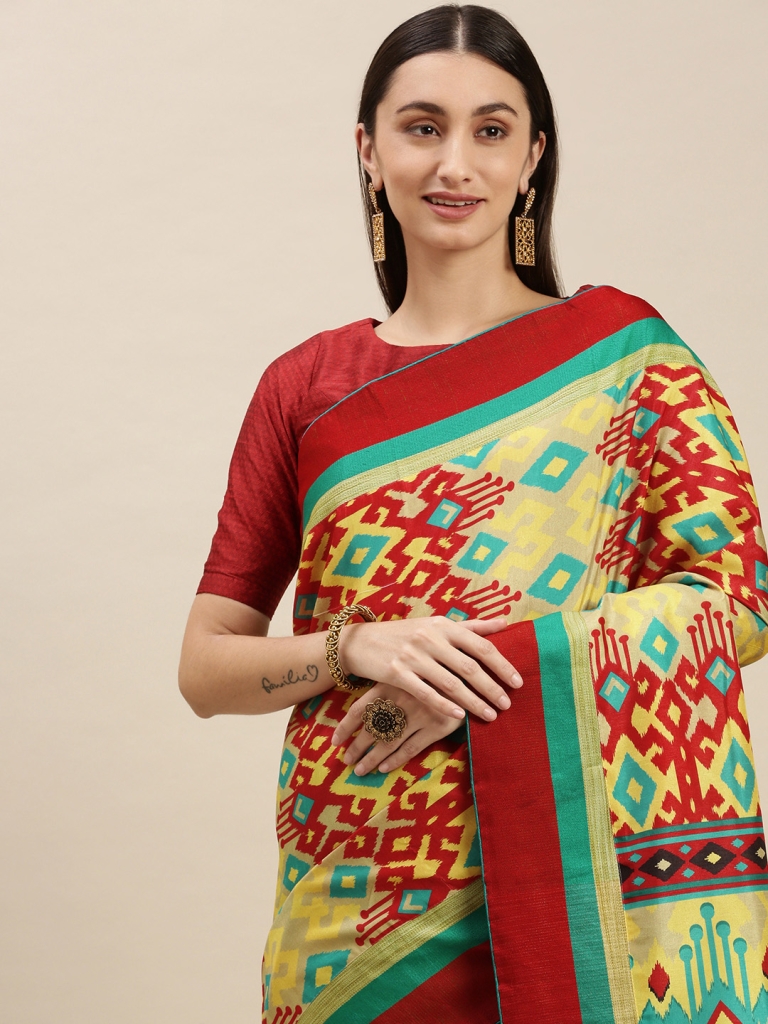 Green & Red Ethnic Motifs Printed Silk Saree