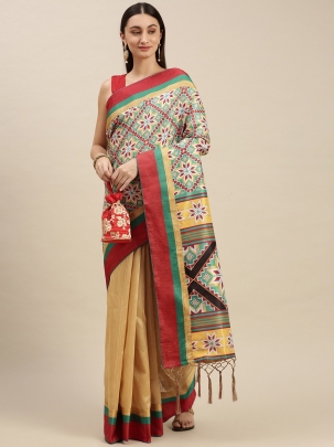 Cream-Coloured & Green Ethnic Motifs Saree