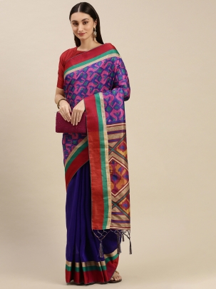 Navy Blue & Pink Abstract Printed Saree