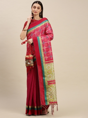 Pink Ethnic Motifs Printed Manipuri Silk Saree with Blouse