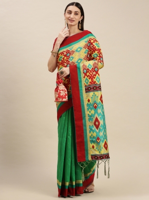 Green & Red Ethnic Motifs Printed Silk Saree