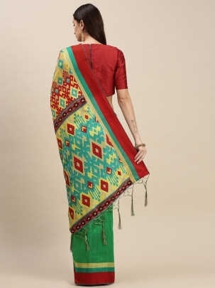 Green & Red Ethnic Motifs Printed Silk Saree